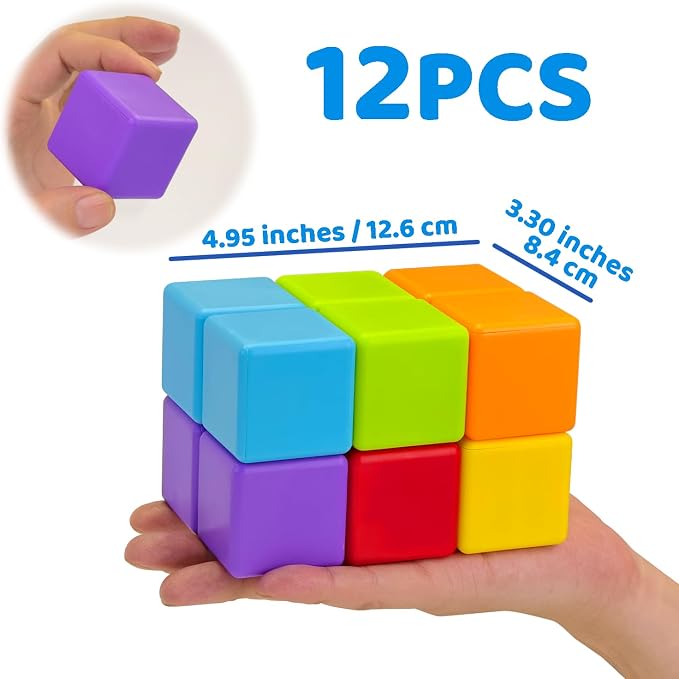 Magnetic Building Blocks Large, 1.65 inch Stacking Cubes for Toddlers | Sensory & Montessori Toys for Boys & Girls 1 2 3 Years Old, Toddler Travel Toys, Magnet Toys for Kids Birthday Gifts (12 PCS)