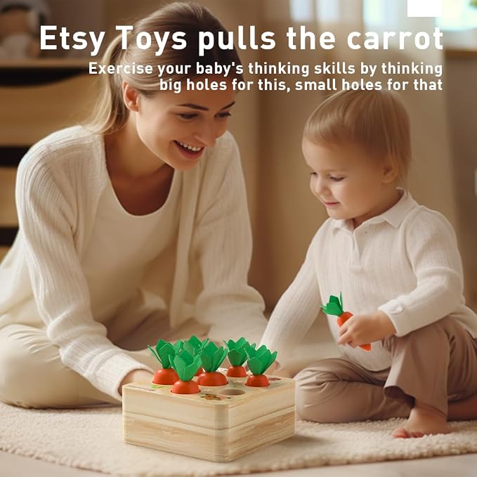 Wooden Carrot Harvest Montessori Toy for Toddlers 1-3, Shape Sorter Sensory Learning Toy for 1 2 3 Year Old, Fine Motor Skills Size Matching Educational Toy for Boys Girls, Birthday Gift