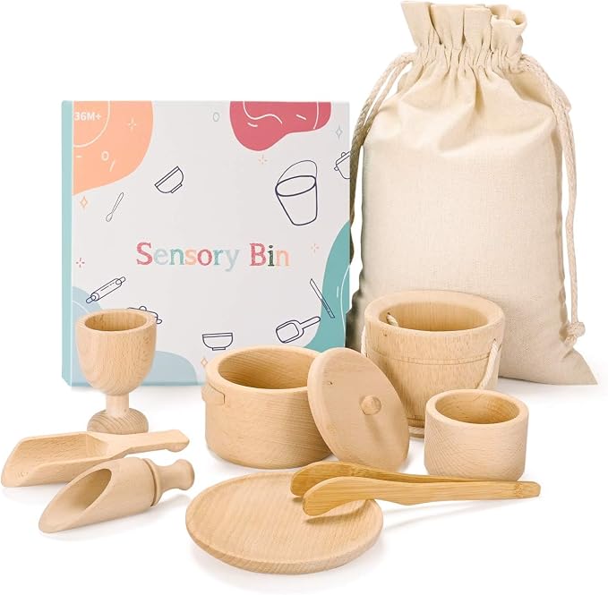 Montessori Toys Sensory Bin Toys for Toddlers Set of 9 | Wooden Waldorf Toys Wooden Scoops and Tongs for Transfer Work and Fine Motor Skills Development