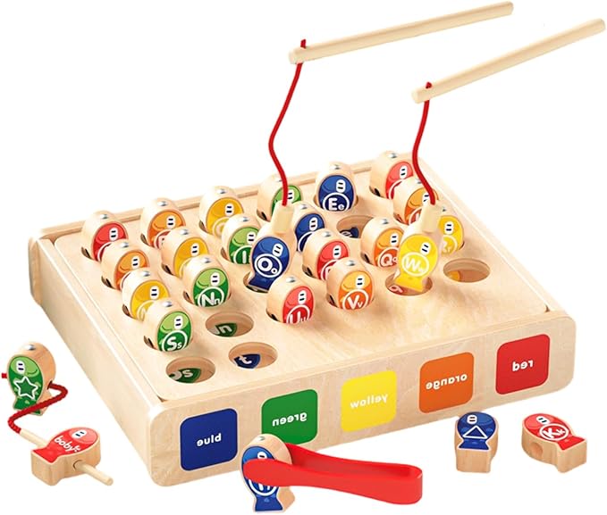 Montessori 6-in-1 Fishing Toys for Toddlers 3+, Wooden Magnetic Fish Game, Educational Preschool Learning Box—Fine Motor Skills, Color & Shape Sorter, Lacing Beads, Alphabet Matching Set for Kids