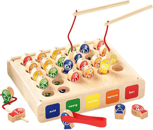 Montessori 6-in-1 Fishing Toys for Toddlers 3+, Wooden Magnetic Fish Game, Educational Preschool Learning Box—Fine Motor Skills, Color & Shape Sorter, Lacing Beads, Alphabet Matching Set for Kids