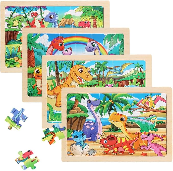 Wooden Puzzles for Kids 3-5, 4 Pack Dinosaur Jigsaw Puzzles for Toddlers, 24 Pieces Preschool Learning Activities, Learning & Educational Puzzles, Gift for Boys, Girls