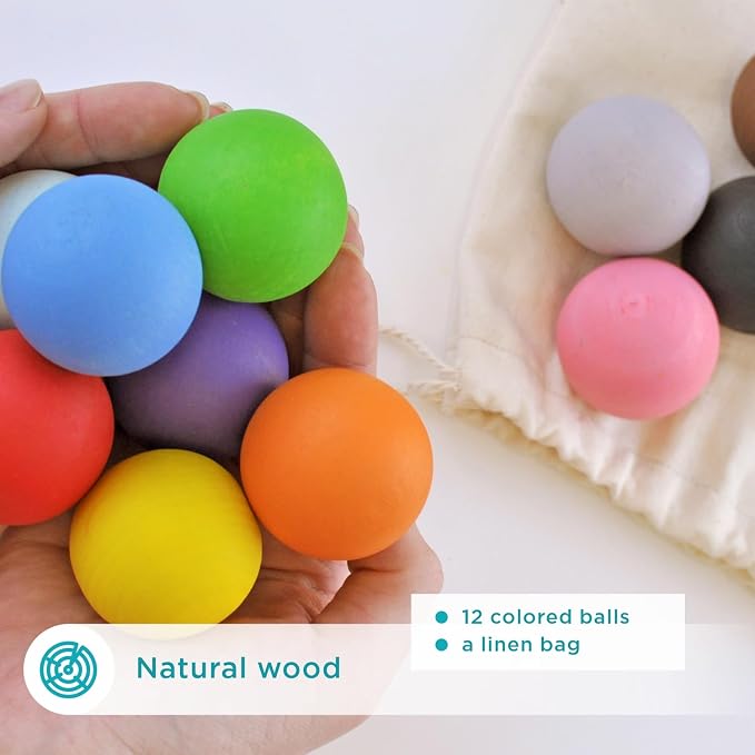 Ulanik Wooden Balls Replacement Set Montessori Toys for 1 Year Old | For Ulanik Balls in Cups; 12 clear colors; linen bag; cups not included