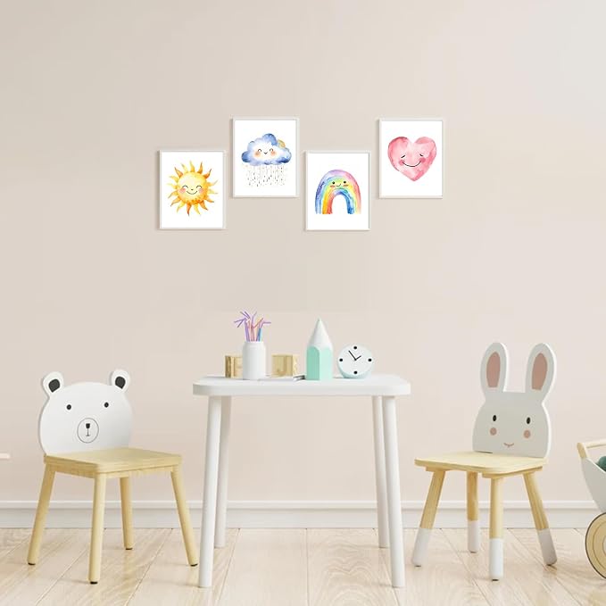 Girls Rainbow Canvas Wall Art Watercolor Sun Clouds Heart poster 8X10Inch | Bohemian Kids Sunshine Art Print for Classroom Kids Room Baby Room Bedroom Dorm Set of 4 Unframed