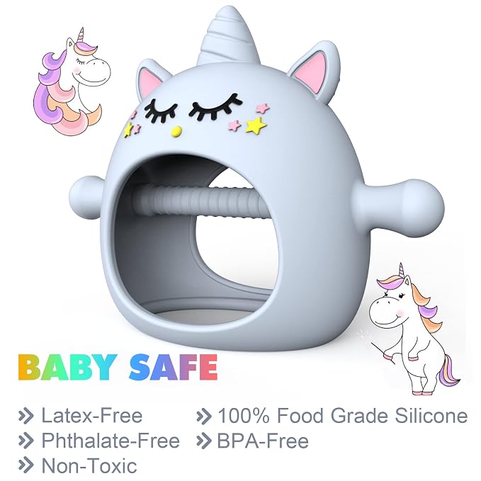 Teething Toys for Babies 0-6 Months, Tinabless Unicorn Never Drop Silicone Teether for Babies 6-12 Months, Hand Pacifier for Breast Feeding Baby, Baby Chew Toys Freezer Safe for Newborn, Blue