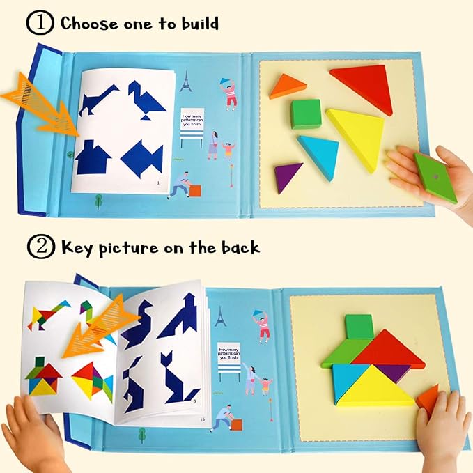 Beestech Wooden Tangram Puzzle Book, Travel Games for Kids in Car, Plane or Take Out for Restaurant, Educational Learning Puzzles Toys, On The Go Toys for Kids, Boys, Girls 3,4,5,6,7,8 Years Old