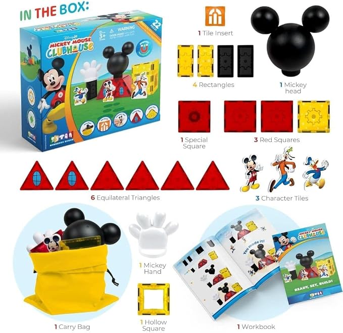 Tytan Official Disney Junior Mickey Mouse Clubhouse Magnetic Tile Set – 22-Piece STEAM Toy with Character Tiles, Mickey Head & Hand – Educational Building Fun for Kids Ages 3+