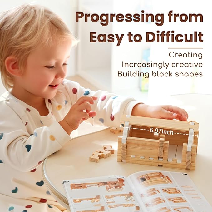 Jovi-mindly＆Notchies 63PCS Wooden Blocks Beginner Set Wooden Blocks |Preschool Learning Toys Wood Blocks Building for Kids Ages 3+ Creative Construction Game,FSC Certified,Birthday Toys Gifts