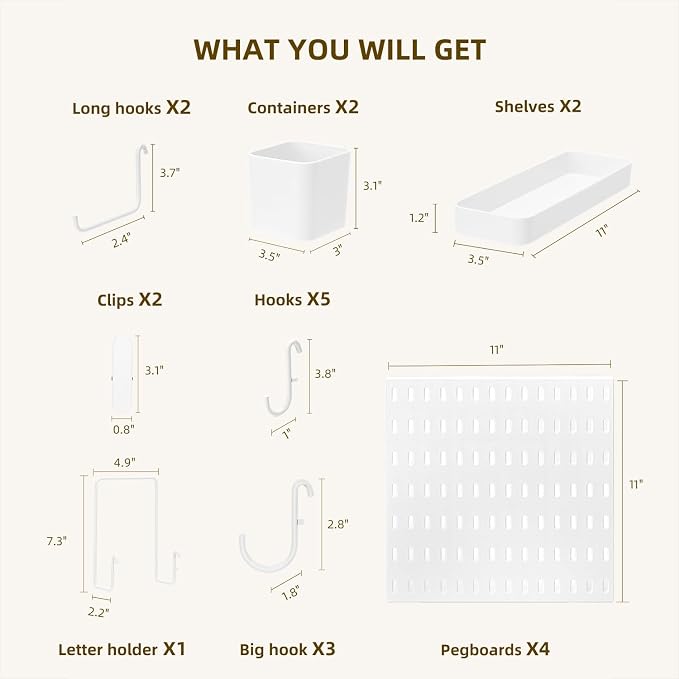 VUSIGN Pegboard Combination Wall Organizer Kit 22" x 22", White | 4 Pieces Pegboards and 17 Accessories, Wall Mount Display Peg board Panel Kits for Bedroom, Home, Office, Bathroom