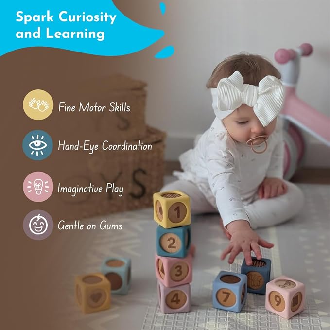 Mitico Wooden & Silicone Baby Stacking Blocks 6M+, Montessori Sensory Building Toy | Early Learning Play, Fine Motor Skills, Hand-eye Coordination, Open-ended Imaginative Play, Teething-safe Soft Edges