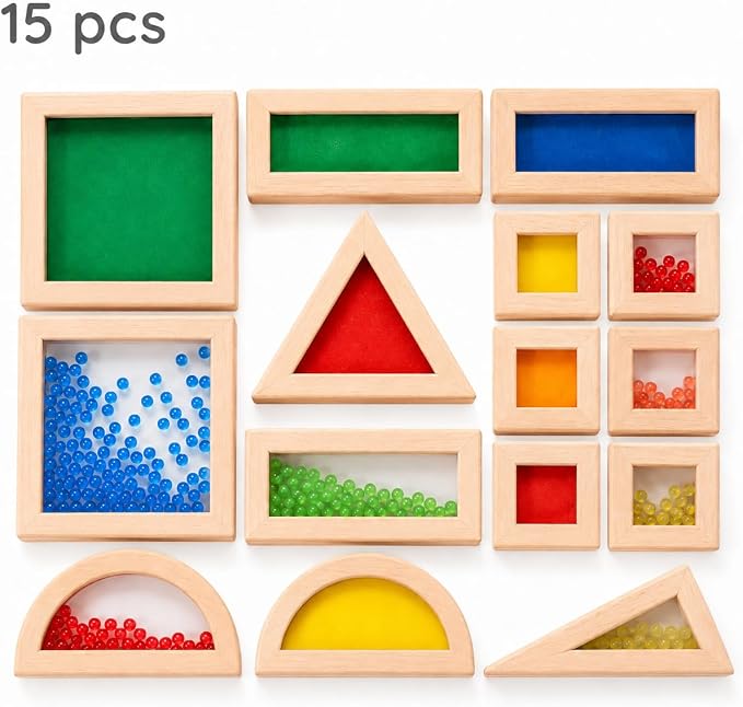 Rainbow Sensory Toys Blocks,15 Pcs Large Wooden Building Blocks for Toddlers Baby Kids,Colorful Geometric Stacking Toys, Preschool Educational Toy Set