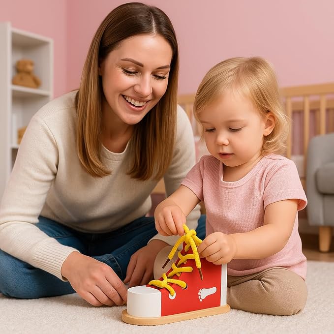 Shoe Tying Practice For Kids Wooden Board Learn To Tie Lacing Toy RED