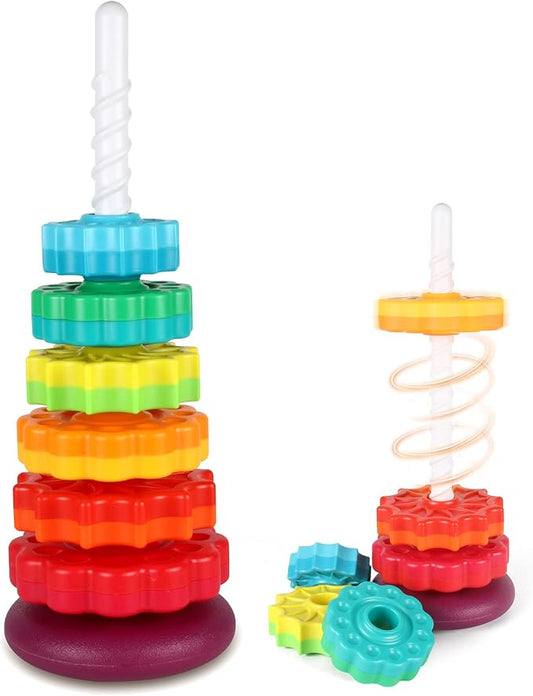 JUXUE Spinning Toy, Rainbow Stacking Toys for Children 1-3, Ring Stacker Toys 12 Months, 1 One Year Old Girl Boy Christmas Birthday Gifts, Montessori Autism Sensory Toy