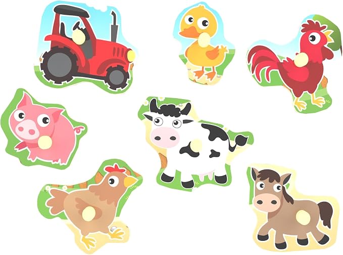 Wooden Puzzles Farm Chunky Baby Puzzles Peg Board, Full-Color Pictures for Preschool Educational Jigsaw Puzzles, 7Pieces