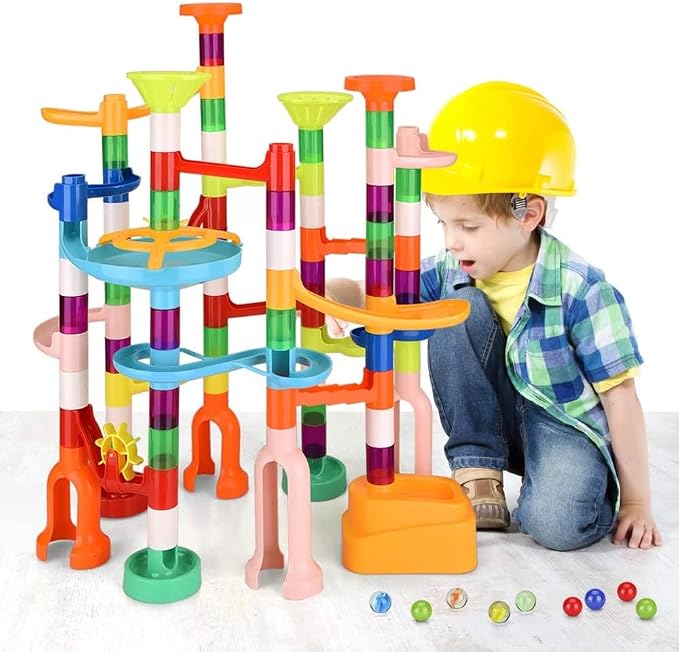 MaxTronic Marble Run for Kids,135 PCS Marble Maze Track Set - Educational Building Block Toys Set for Boys Girls STEM Learning (75 Blocks + 60 Marbles)