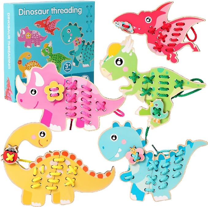 Wooden Dinosaur Threading Toy, Lacing String Beading Game | Montessori Threading Board, Fine Motor Skills Toy
