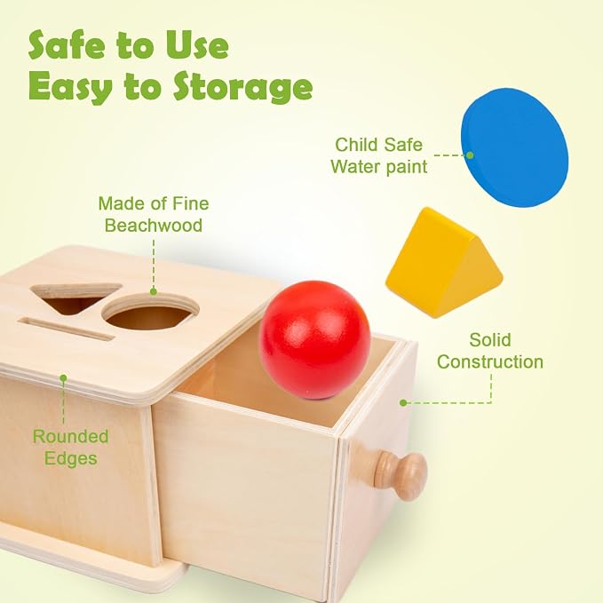 Adena Montessori Wooden Coin Box with Drawer Object Permanence 6-12 Months | Red ball, yellow triangle, blue disc. Smooth wood, no burrs. Open-close-insert for color-shape sorting. Gift.