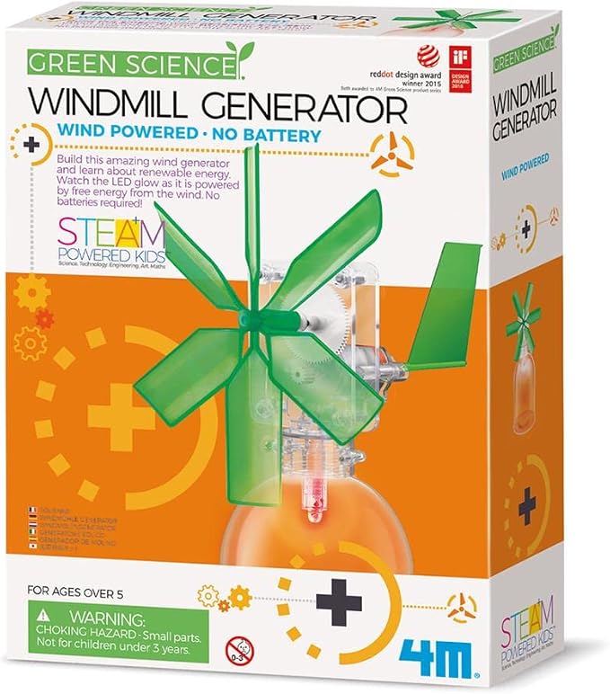 4M Toysmith, Green Science Windmill Generator Kit, DIY Science Kit With LED Lights, For Boys & Girls Ages 8+ (Packaging May Vary)