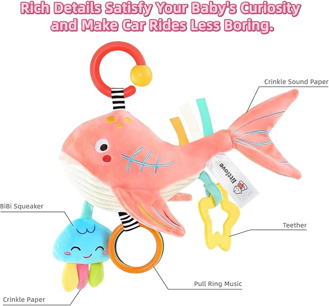 Pull Musical Toys for Car Seat 6-12 Months, Travel Sensory Toy 3-6 Months, Montessori Plush Toys for Roadtrip with Teether Crinkle Textures Clackers Squeaky Pulling Cords Newborn Infant Valentine Gift