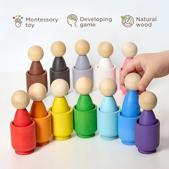 Ulanik Peg Dolls in Cups Montessori Toys for 1 Year Old | Open-ended wooden sorting set; 12 clear colors; cups and birch tray for easy storage