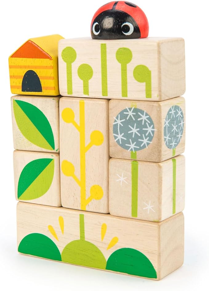 Tender Leaf Toys - Garden Blocks - 25 Pieces Decorative Garden Themed Wooden Stacking Blocks with Peg - Building Blocks, Hand-Eye Coordination Strength & Creative Play - Age 18m+