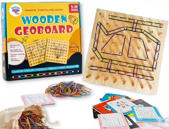 Lattooland Wooden Geoboard (8x8 Big Size) with Wooden Pegs | NO Nails | Brain Board Montessori STEM Toy for Kids | 42 Pattern Cards, Bands | Math Geometry Educational Game 3 4 5 6 Year Boys Girls