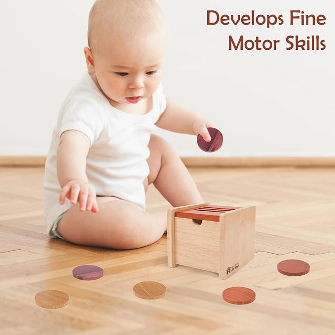 Adena Montessori Wooden Coin Box with Lid Object Permanence 6-12 Months | Solid wood smooth edges, flip lid, 6 coins, three tones. Builds grip, focus, fine motor, hand-eye. For 6-12 months. Gift.