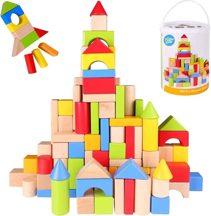 Pidoko Kids Building Blocks for Toddlers 1-3, 100 Pcs Wooden Blocks | Includes Storage Bucket and Shape Sorter Lid - Montessori Wood Block Gifts For Preschool Boys & Girls