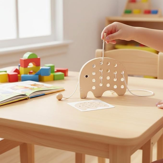 Children Threading Game Wooden Animal Lacing Board Toy Preschool Learning Board Hands On Lacing Puzzle Educational Fine Motor Skills Basswood Plywood, Elephant