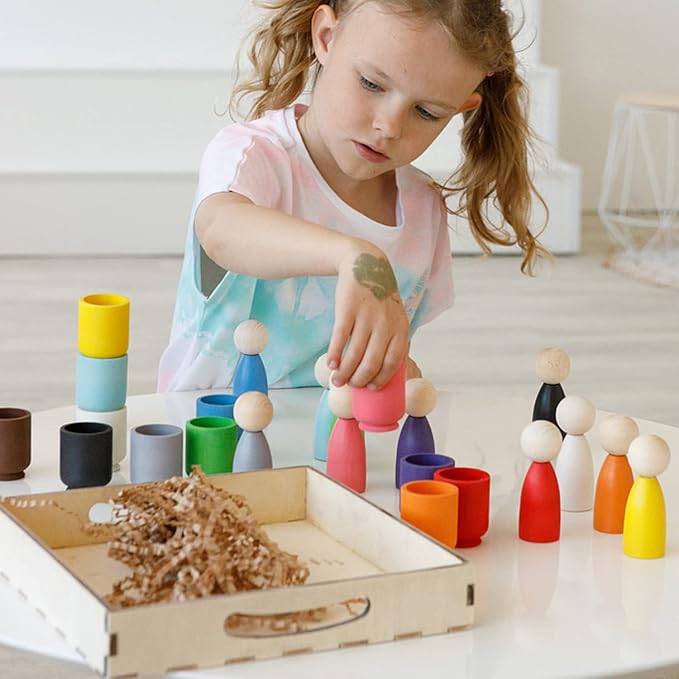 Ulanik Peg Dolls in Cups Montessori Toys for 1 Year Old | Open-ended wooden sorting set; 12 clear colors; cups and birch tray for easy storage