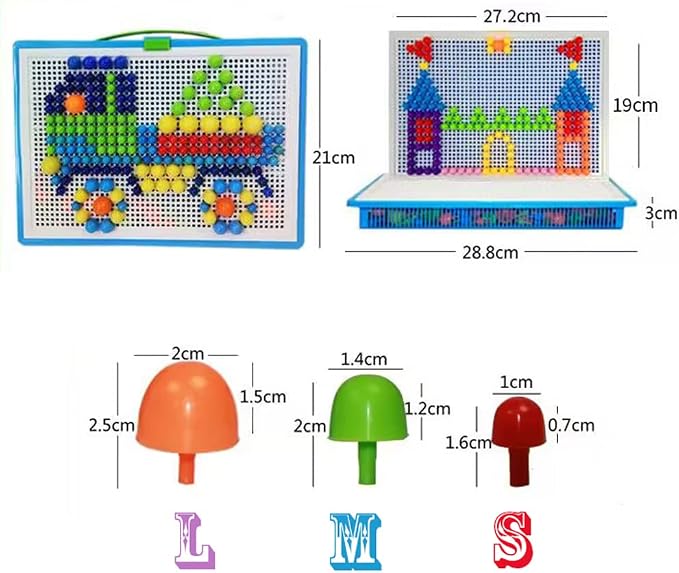 592Pcs Jigsaw Puzzle Mix Colour Mushroom Nails Pegboard Educational Building Bricks Creative DIY Peg Puzzle Toys 3D Games Birthday Christmas Party Gift for Kids Children Age Over 3 Years Old