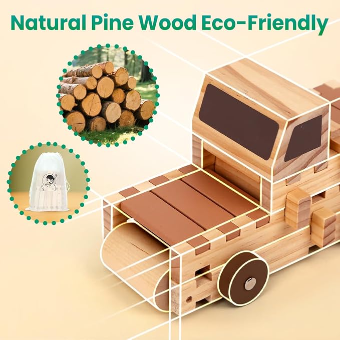 Jovi-mindly＆Notchies C117PCS Wooden Blocks Car Set Wooden Blocks with Wheels＆Vehicle Stickers|Preschool Learning Toys Wood Blocks Building for Kids Ages 3+ Creative Construction Birthday Toys Gifts