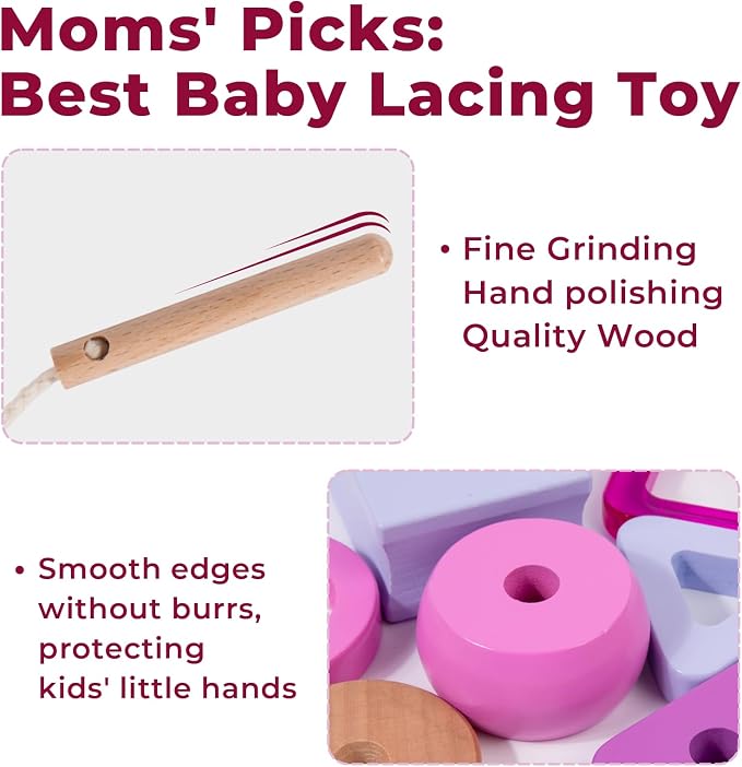 Adena Montessori Wooden Stringing Beads Set, Purple, 1-3y | Safe wood, 25+ beads with string. Lacing builds fine motor, hand-eye & patience. Montessori learning. Gift 1-3y.