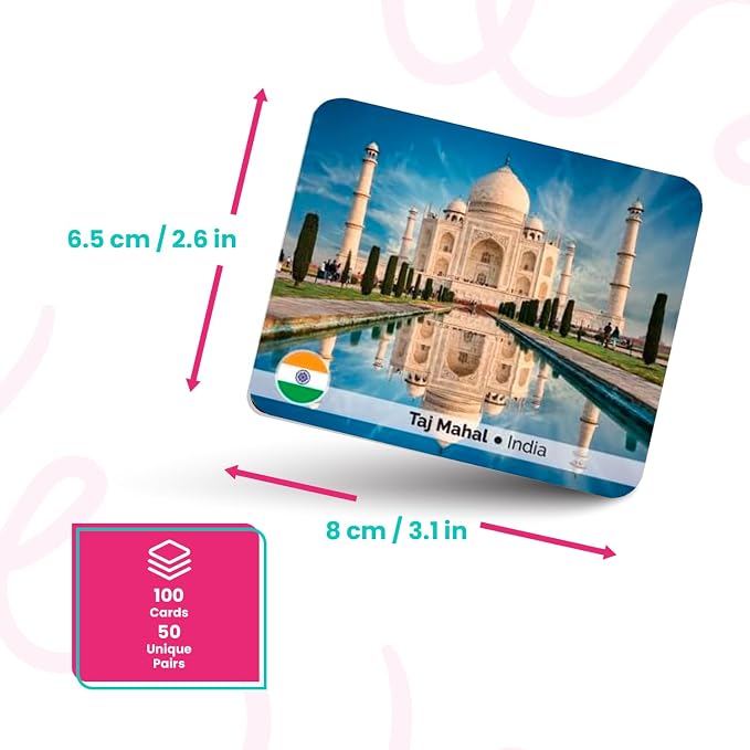 Menique Explore the World Memory Matching Game – Spanish Edition – 100 Cards (50 Pairs) with Iconic Landmarks, Country & Flag – Educational Geography Game in Spanish.