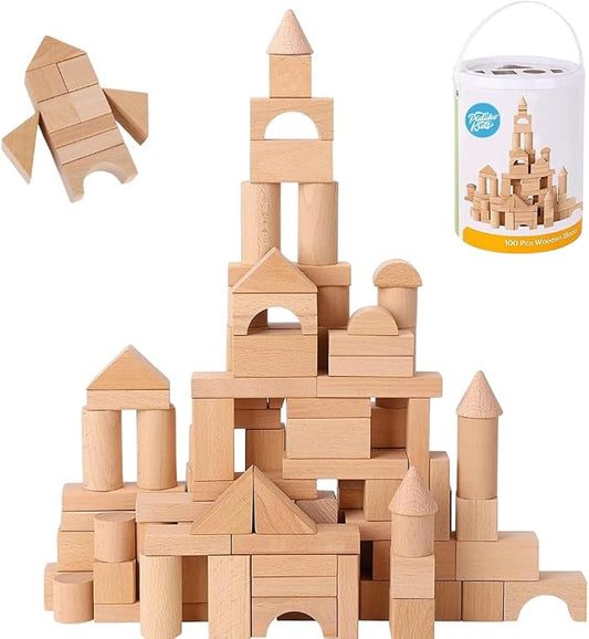 100 Pcs Wooden Blocks for Toddlers 1-3 Building Blocks for Kids | Storage Container with Shape Sorter Lid - Natural Beech Wood Blocks - Preschool Learning Toys Stacking Block