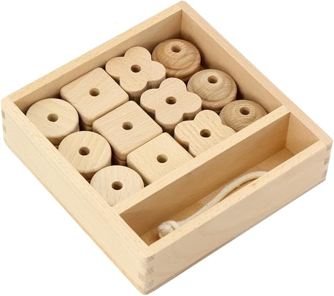 Kiddison Large Wooden Lacing Beads for Toddlers 2-4, Montessori Threading & Stringing Toy with Wooden Tray, Fine Motor Skills Activity, Occupational Therapy Toy, 27 Beads & 1 Lace