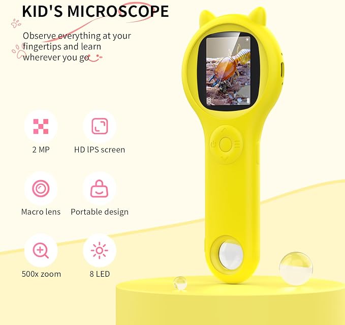 Kids Microscope for Summer Vacation, 500X Portable Digital Microscope with 2" IPS Screen, Beach Nature Discovery STEM Toy for Kids Age 5-12 (Yellow)