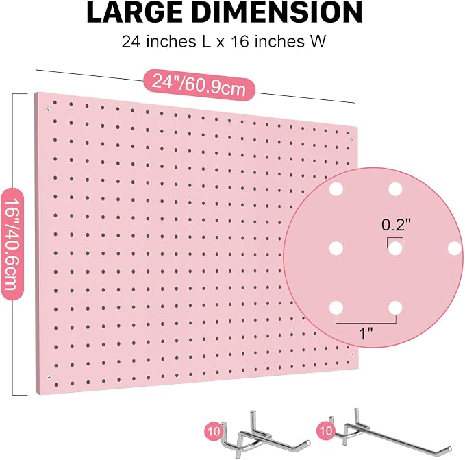 Peg Board, 2 Pack Metal Pegboard Panels Pink Pegboards Wall Organizer with Frame Large Heavy Duty Peg Board with Hooks for Walls Home,Garage Tool Storage,Office Organization,Kitchen 24”×16”