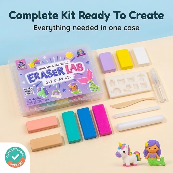 Eraser Lab Mermaid & Unicorn Eraser Making Kit for Kids 4-12 | Birthday Gift for Girls Ages 5-10, DIY Clay Eraser Kit, Gift for 7 Year Old Girl, Back to School Supply