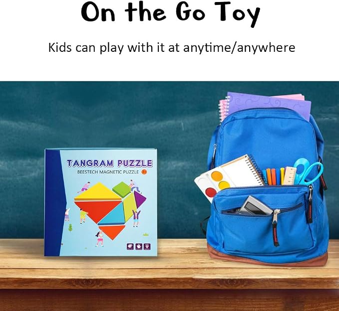 Beestech Wooden Tangram Puzzle Book, Travel Games for Kids in Car, Plane or Take Out for Restaurant, Educational Learning Puzzles Toys, On The Go Toys for Kids, Boys, Girls 3,4,5,6,7,8 Years Old