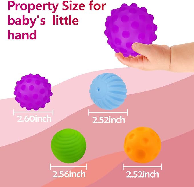 Baby Balls, 4 Pack Textured Multi Ball Set for Babies 3 Months+ | BPA-Free, Soft Easy-Grip Balls, Teething Play, Bright Colors, Tummy Time, Fine Motor & Sensory Play, Baby Sensory Gift
