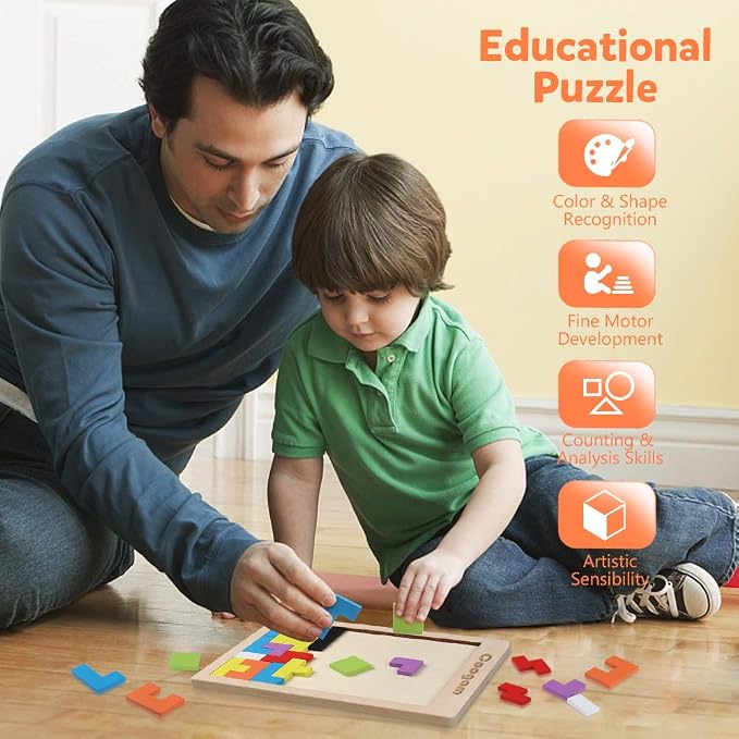 Coogam Wooden Blocks Puzzle Brain Teasers Toy Tangram Jigsaw Intelligence Colorful 3D Russian Blocks Game STEM Montessori Educational Gift for Kids (40 Pcs) | Wooden Puzzle Box Brain Game Building Block Intelligence Educational Gift for Toddlers