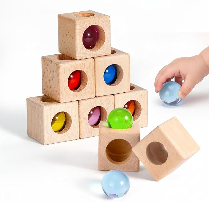 Woodtoe Montessori Stacking Toy for 3 4 5 6 Year Old, Rainbow Building Blocks for Toddlers, Acrylic Gem Ball Stacking Blocks & Wooden Blocks, Educational STEM Creative Sensory Toys for Boy Girl 3-6