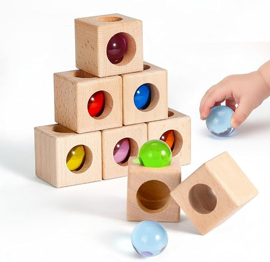Woodtoe Montessori Stacking Toy for 3 4 5 6 Year Old, Rainbow Building Blocks for Toddlers, Acrylic Gem Ball Stacking Blocks & Wooden Blocks, Educational STEM Creative Sensory Toys for Boy Girl 3-6
