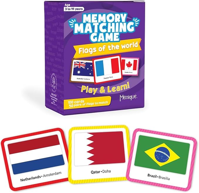Menique Flags of the World Memory Matching Game – 100 Cards, 50 Countries to Match – Educational & Fun for Kids and Adults – Color-Coded by Continent – Learn Flags, Capitals, and Geography