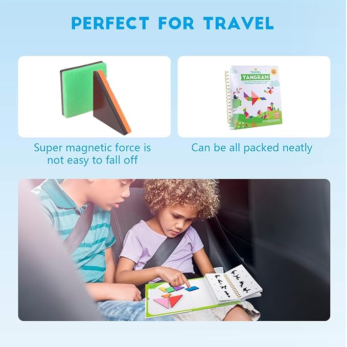 Vanmor Magnetic Tangram Puzzle for Kids – Montessori Quiet Travel Game with 368-Challenge IQ Book, Educational Magnetic Puzzle Toy for Airplanes, Car Rides, and Road Trips (Ages 4–8)