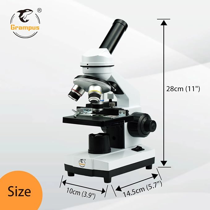 Grampus Achromatic Compound Minocular Microscope 40X-2000X, Dual LED Illumination, 10 Prepared Slides, 100 Cover Slips and Experiment Kit Offered for Kids Students Adults and Children