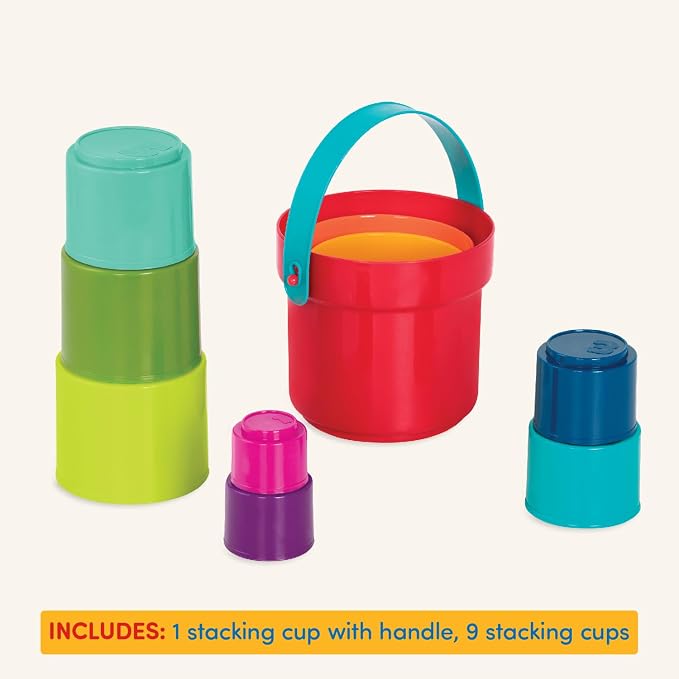 Battat Stacking Cups, Stack Up Cups Nesting Toy Set, 10 Pieces, Toddler | 9 stacking cups plus 1 bucket with handle; embossed numbers for counting, bath and beach sensory play, Toddler; 18+ Months