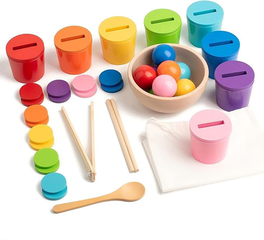 Ball in Cups Toddler Montesssori Toys, Rainbow Color Sorting Toy Coin Box Matching Game, Wooden Learning Color for Baby Toddler Fine Motor Developmental Sensory Toy