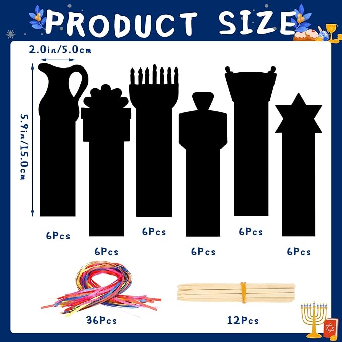 JUNEBRUSHS Scratch Bookmarks, Rainbow Magic Scratch Paper Art DIY Crafts Kit for Classroom Activity Gifts (Hanukkah Style)
